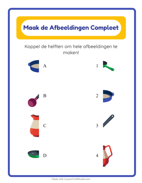Voorbeeld van Maak het beeld heel met keukenspullen – werkblad voor kleuters