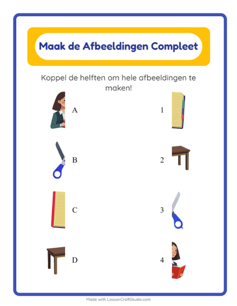 Voorbeeld van het Schaduw Koppelen-werkblad met Klaslokaal voor kleuterklas