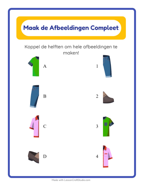 Voorbeeld van het Schaduw Koppelen-werkblad met Kleding voor kleuterklas