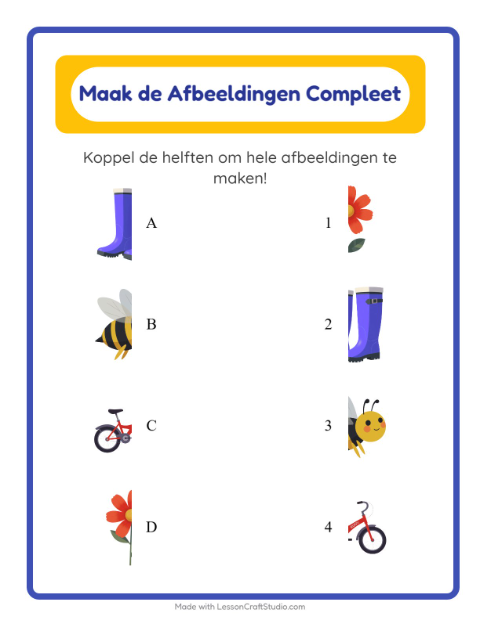 Voorbeeld van het Schaduw Koppelen-werkblad met Lente voor kleuterklas