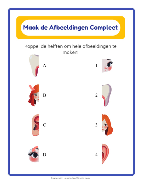 Voorbeeld van het Schaduw Koppelen-werkblad met Lichaamsdelen voor kleuterklas