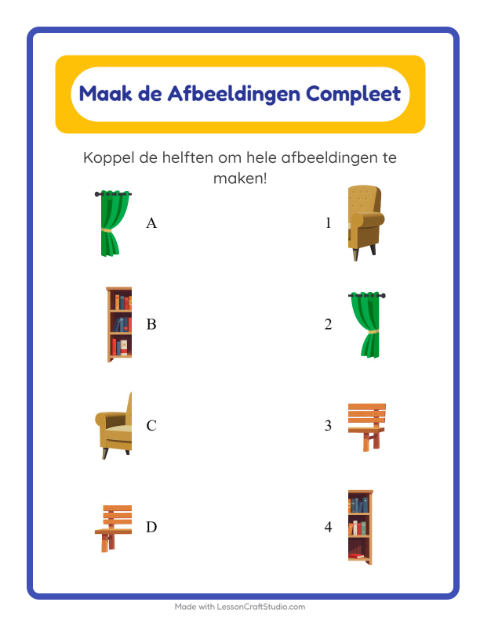 Voorbeeld van het Schaduw Koppelen-werkblad met Meubels voor kleuterklas