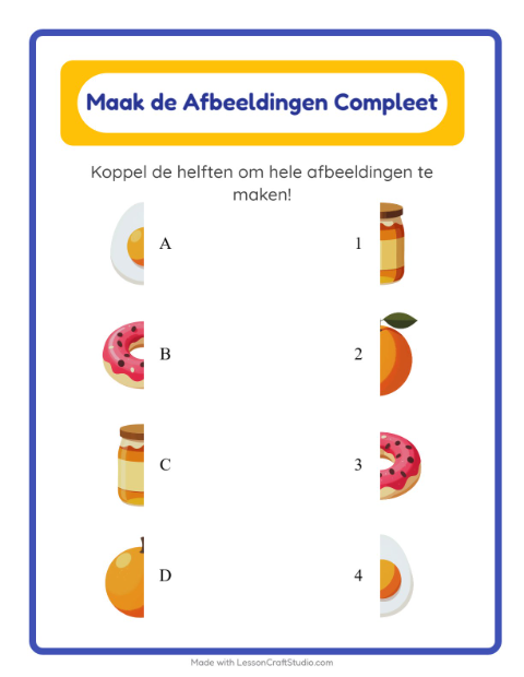 Voorbeeld van het Schaduw Koppelen-werkblad met Ontbijt voor kleuterklas