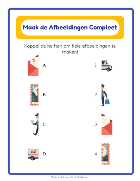 Voorbeeld van het Schaduw Koppelen-werkblad met Postkantoor voor kleuterklas