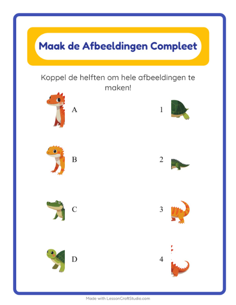 Voorbeeld van het Schaduw Koppelen-werkblad met Reptielen en amfibieën voor kleuterklas