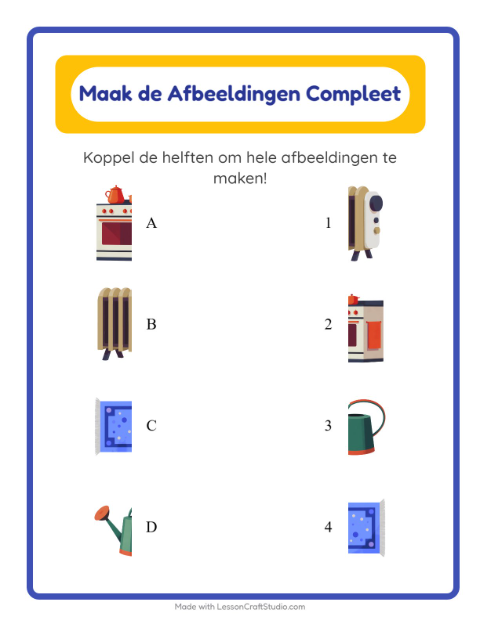 Voorbeeld van het Schaduw Koppelen-werkblad met Rond het huis voor kleuterklas