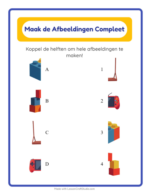 Voorbeeld van Maak het beeld heel met speelgoedjes – werkblad voor kleuters
