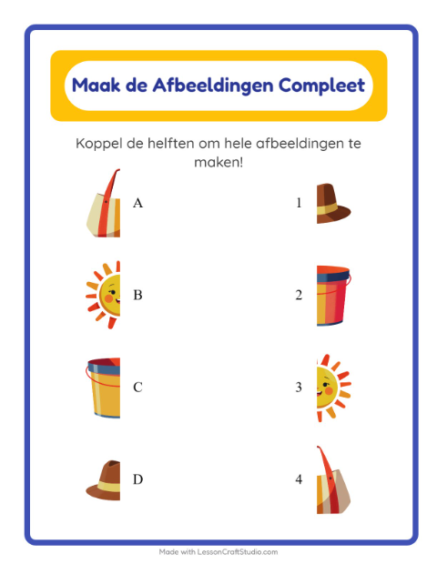 Voorbeeld van het Schaduw Koppelen-werkblad met Strand voor kleuterklas