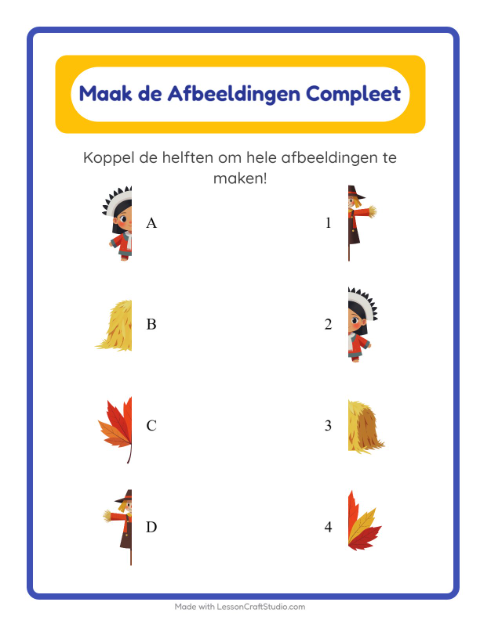 Voorbeeld van het Schaduw Koppelen-werkblad met Thanksgiving voor kleuterklas