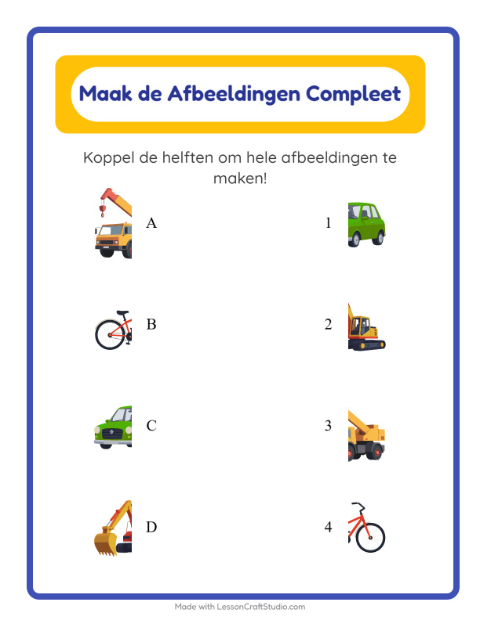 Voorbeeld van het Schaduw Koppelen-werkblad met Voertuigen voor kleuterklas