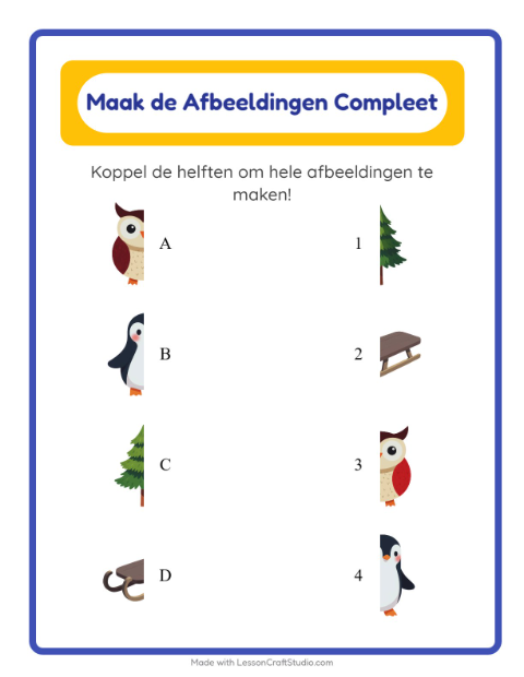 Voorbeeld van het Schaduw Koppelen-werkblad met Winter voor kleuterklas