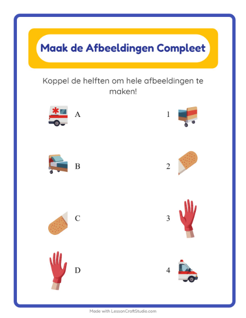 Voorbeeld van het Schaduw Koppelen-werkblad met Ziekenhuis voor kleuterklas