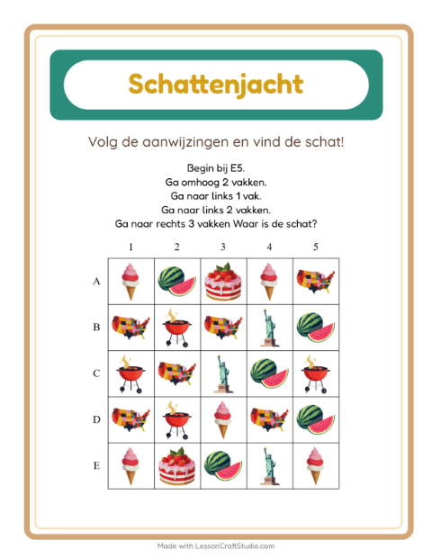 Voorbeeld van het Schatzoektocht-werkblad met 4 juli voor groep 3
