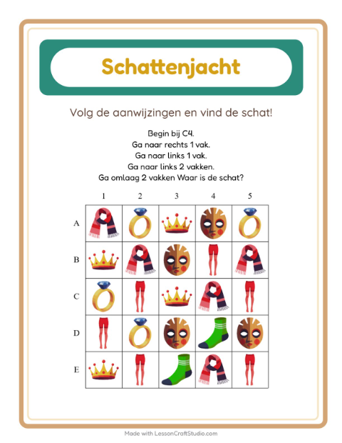 Voorbeeld van het Schatzoektocht-werkblad met Accessoires voor groep 3
