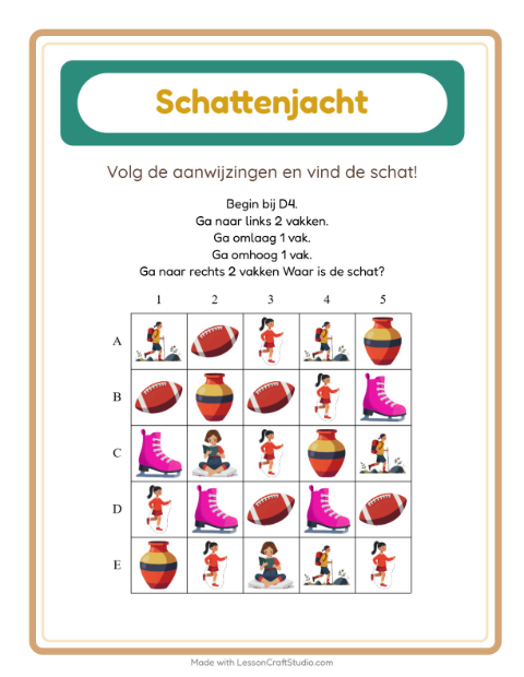 Voorbeeld van het Schatzoektocht-werkblad met Activiteiten voor groep 3