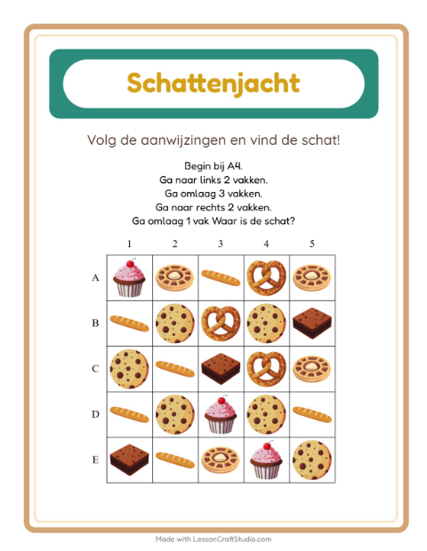 Voorbeeld van het Schatzoektocht-werkblad met Bakkerij voor groep 3