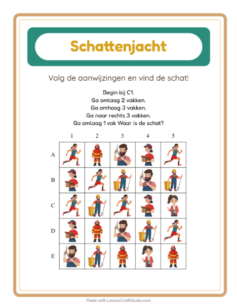 Voorbeeld van het Schatzoektocht-werkblad met Beroepen voor groep 3