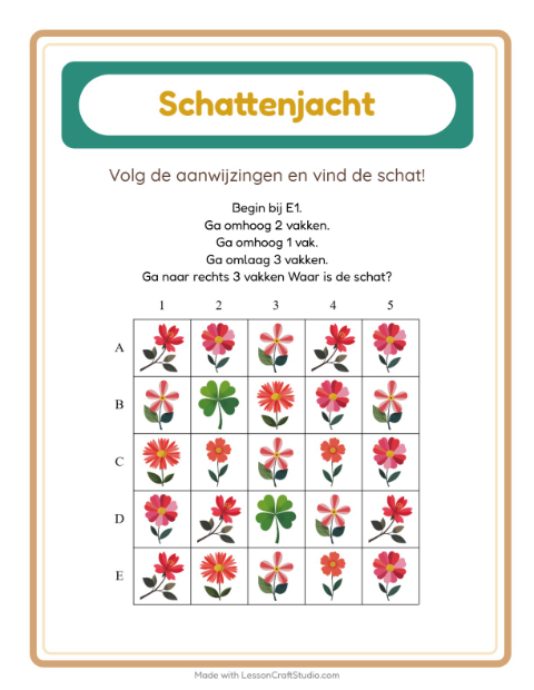 Voorbeeld van het Schatzoektocht-werkblad met Bloemen voor groep 3