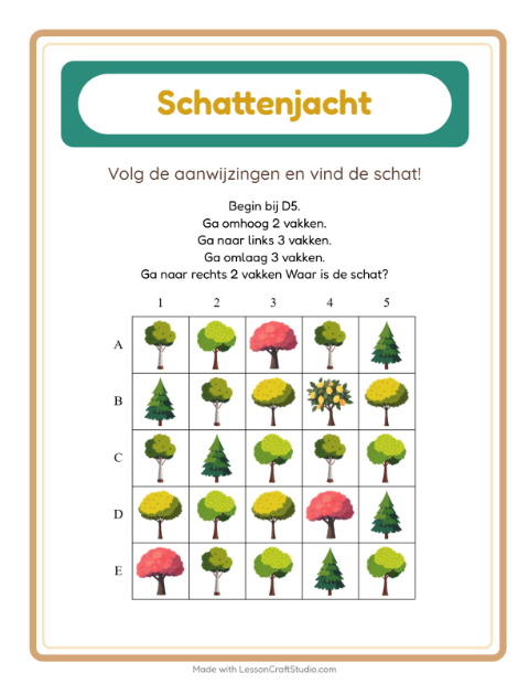 Voorbeeld van het Schatzoektocht-werkblad met Bomen voor groep 3