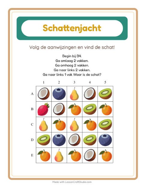 Voorbeeld van het Schatzoektocht-werkblad met Fruit voor groep 3