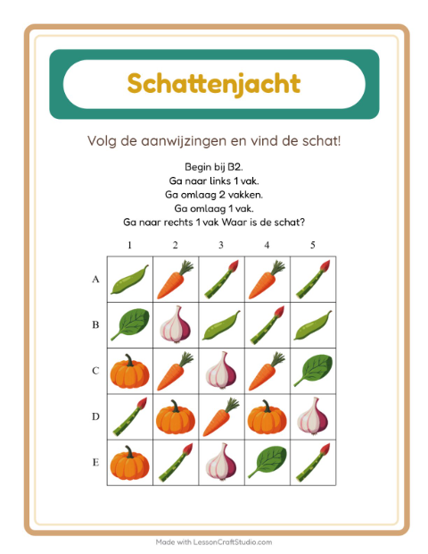 Voorbeeld van het Schatzoektocht-werkblad met Groenten voor groep 3