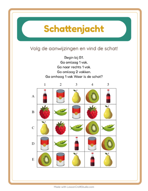 Voorbeeld van het Schatzoektocht-werkblad met In de supermarkt voor groep 3