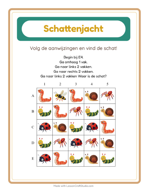 Voorbeeld van het Schatzoektocht-werkblad met Insecten en beestjes voor groep 3