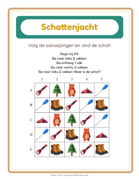 Voorbeeld van het Schatzoektocht-werkblad met Kamperen voor groep 3