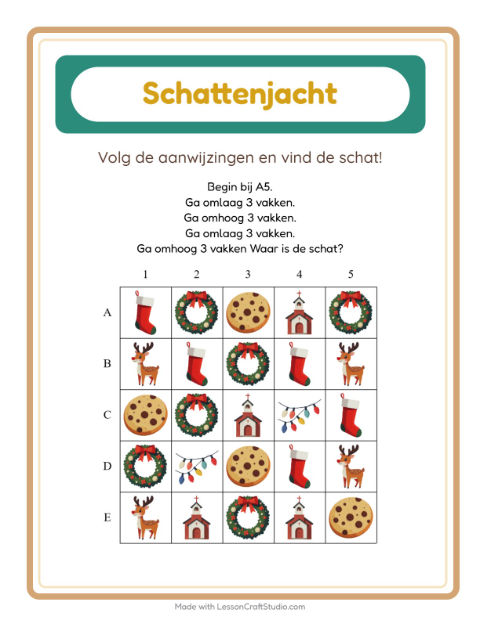 Voorbeeld van het Schatzoektocht-werkblad met Kerstmis voor groep 3