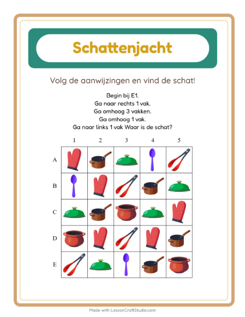 Voorbeeld van het Schatzoektocht-werkblad met Keukengerei voor groep 3