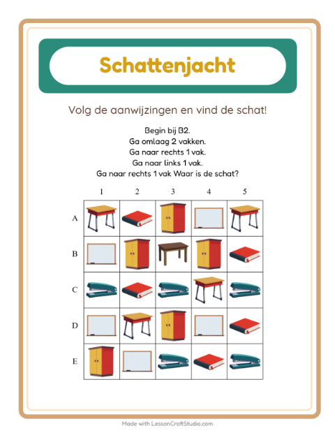 Voorbeeld van het Schatzoektocht-werkblad met Klaslokaal voor groep 3