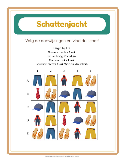 Voorbeeld van het Schatzoektocht-werkblad met Kleding voor groep 3