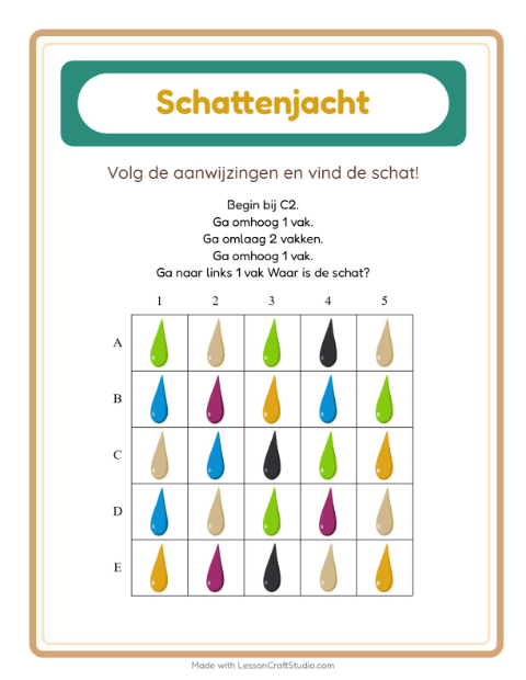 Voorbeeld van het Schatzoektocht-werkblad met Kleuren voor groep 3