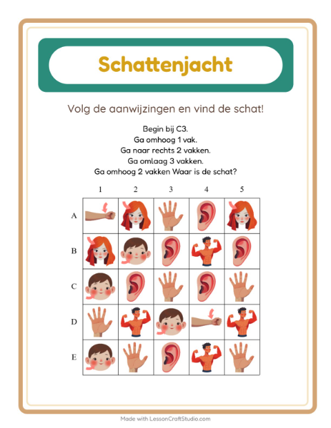 Voorbeeld van het Schatzoektocht-werkblad met Lichaamsdelen voor groep 3