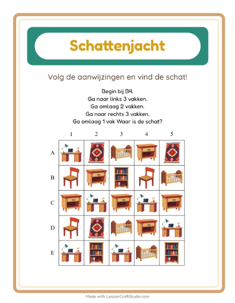 Voorbeeld van het Schatzoektocht-werkblad met Meubels voor groep 3