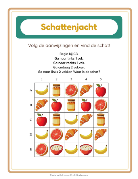 Voorbeeld van het Schatzoektocht-werkblad met Ontbijt voor groep 3