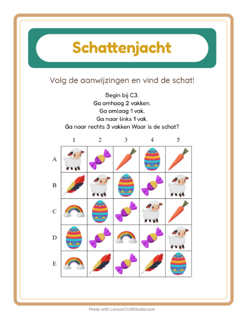 Voorbeeld van het Schatzoektocht-werkblad met Pasen voor groep 3