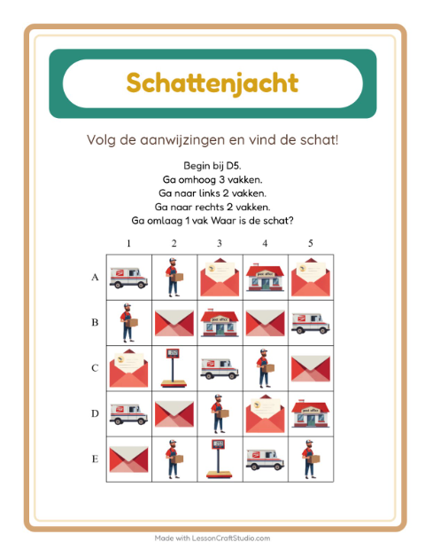 Voorbeeld van het Schatzoektocht-werkblad met Postkantoor voor groep 3
