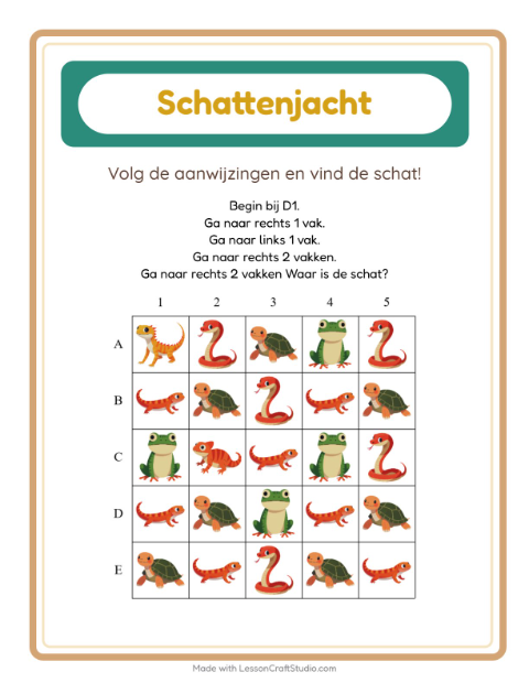 Voorbeeld van het Schatzoektocht-werkblad met Reptielen en amfibieën voor groep 3