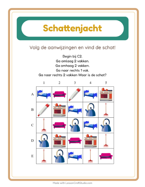 Voorbeeld van het Schatzoektocht-werkblad met Rond het huis voor groep 3