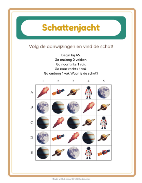 Voorbeeld van het Schatzoektocht-werkblad met Ruimte voor groep 3