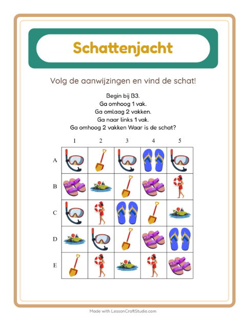 Voorbeeld van het Schatzoektocht-werkblad met Strand voor groep 3