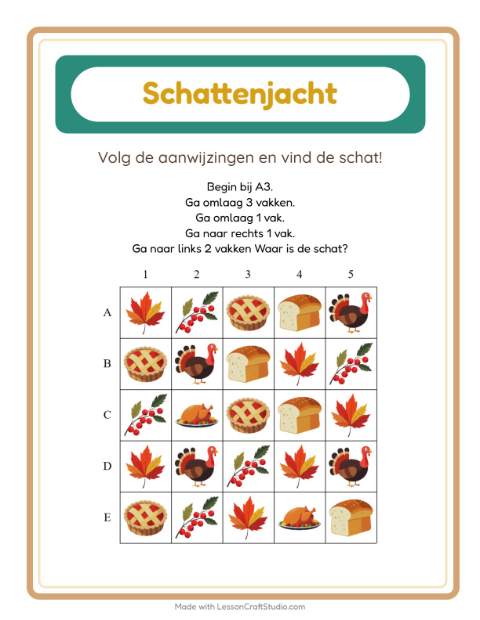 Voorbeeld van het Schatzoektocht-werkblad met Thanksgiving voor groep 3