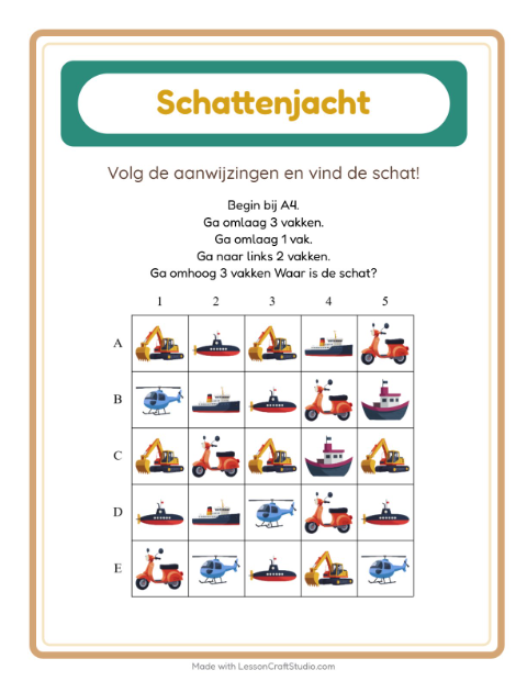Voorbeeld van het Schatzoektocht-werkblad met Voertuigen voor groep 3