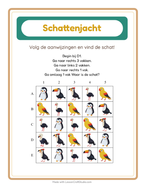 Voorbeeld van het Schatzoektocht-werkblad met Vogels voor groep 3