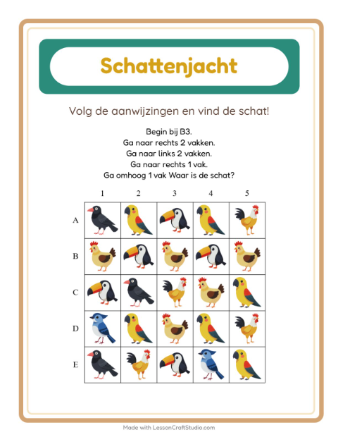 Voorbeeld van het Schatzoektocht-werkblad met Vogels 2 voor groep 3