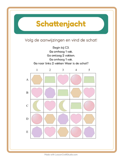 Voorbeeld van het Schatzoektocht-werkblad met Vormen voor groep 3