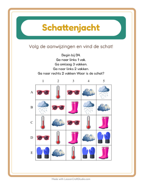 Voorbeeld van het Schatzoektocht-werkblad met Weer voor groep 3