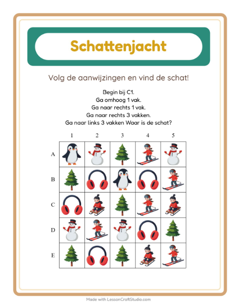 Voorbeeld van het Schatzoektocht-werkblad met Winter voor groep 3
