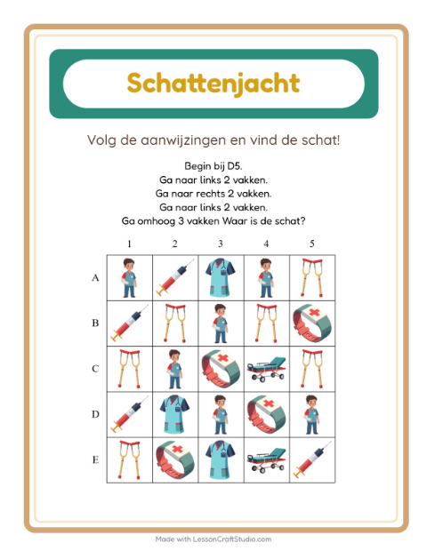 Voorbeeld van het Schatzoektocht-werkblad met Ziekenhuis voor groep 3
